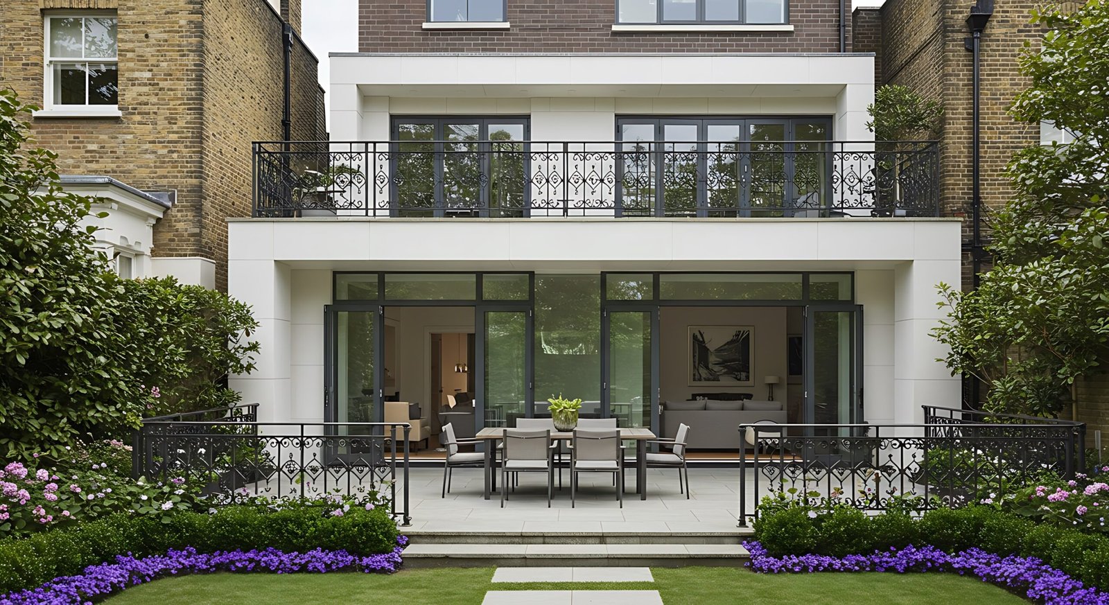 Home stylish exterior of a modern house located in an upscale london neighborhood, featuring intricate iron railings with a chic outdoor dining area. perfect for dream living
